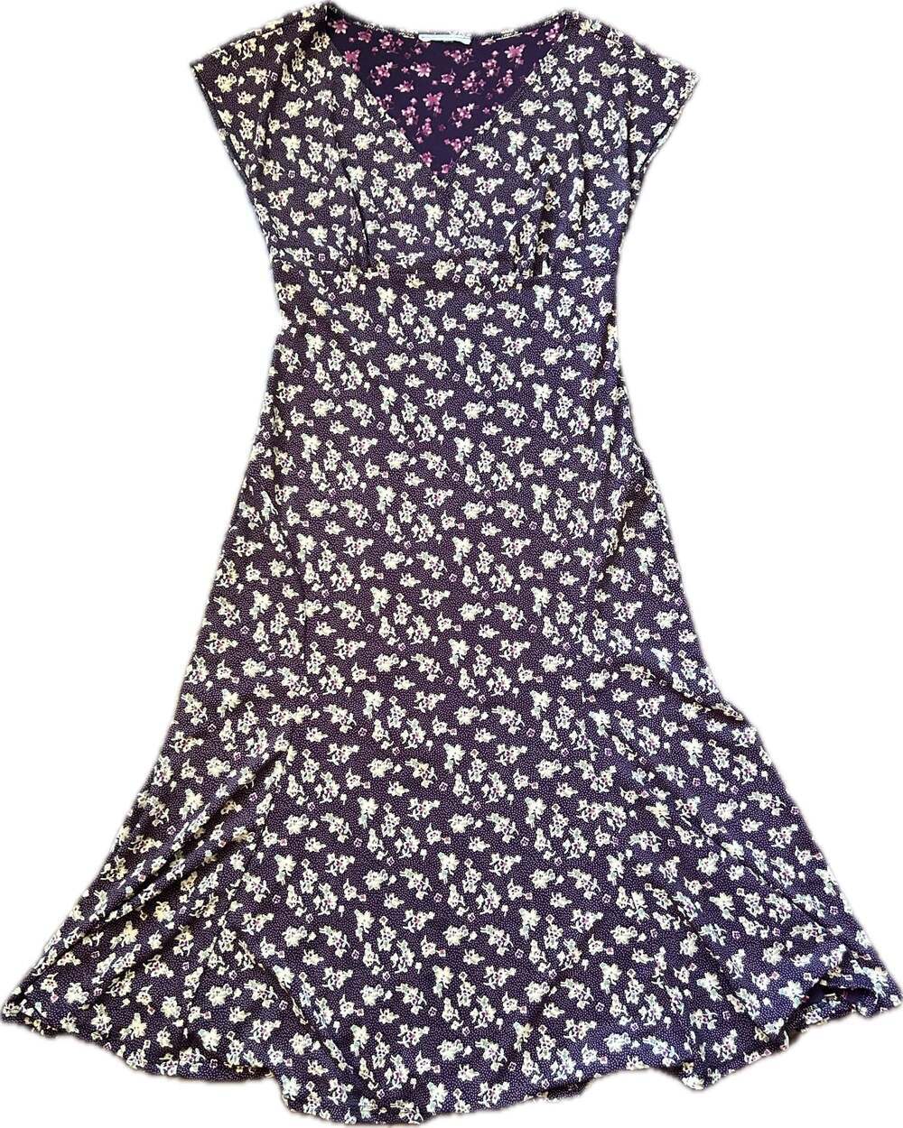 Vintage 90s Purple Ditsy Floral Polka Dot Print Midi Dress Cottagecore Romantic